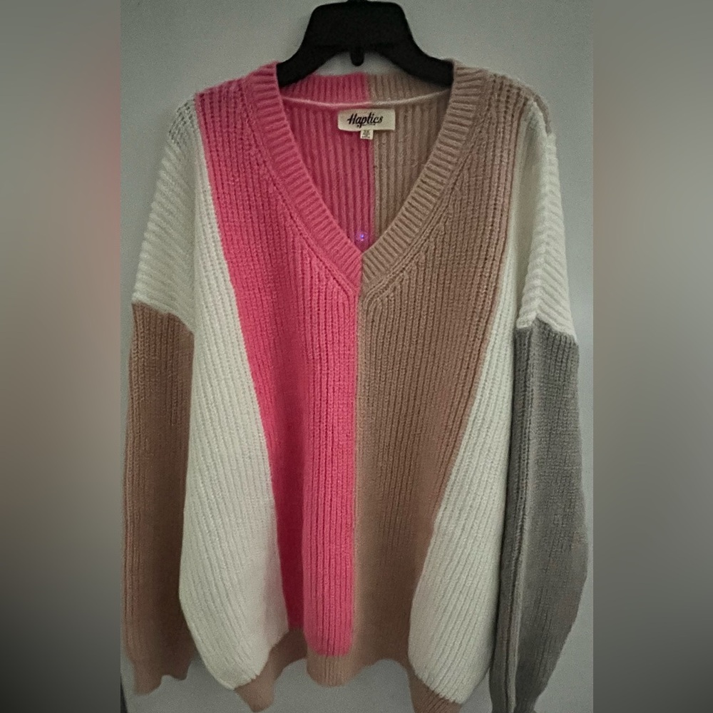 New 3x Haptics V-Neck Colorblock Sweater - Pink, White, Tan, Gray